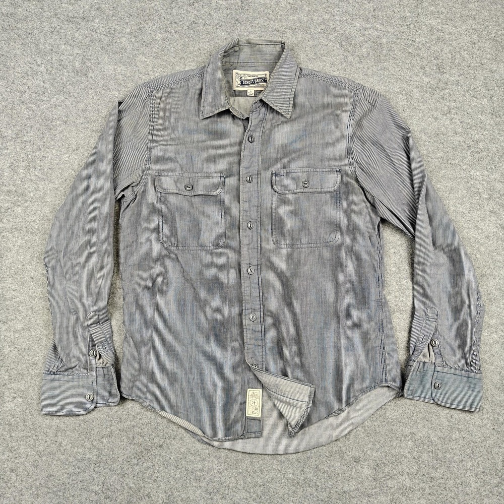 Schott Bros Shirt Mens Small Blue Stripe Cotton Long Sleeve Button Front Casual
